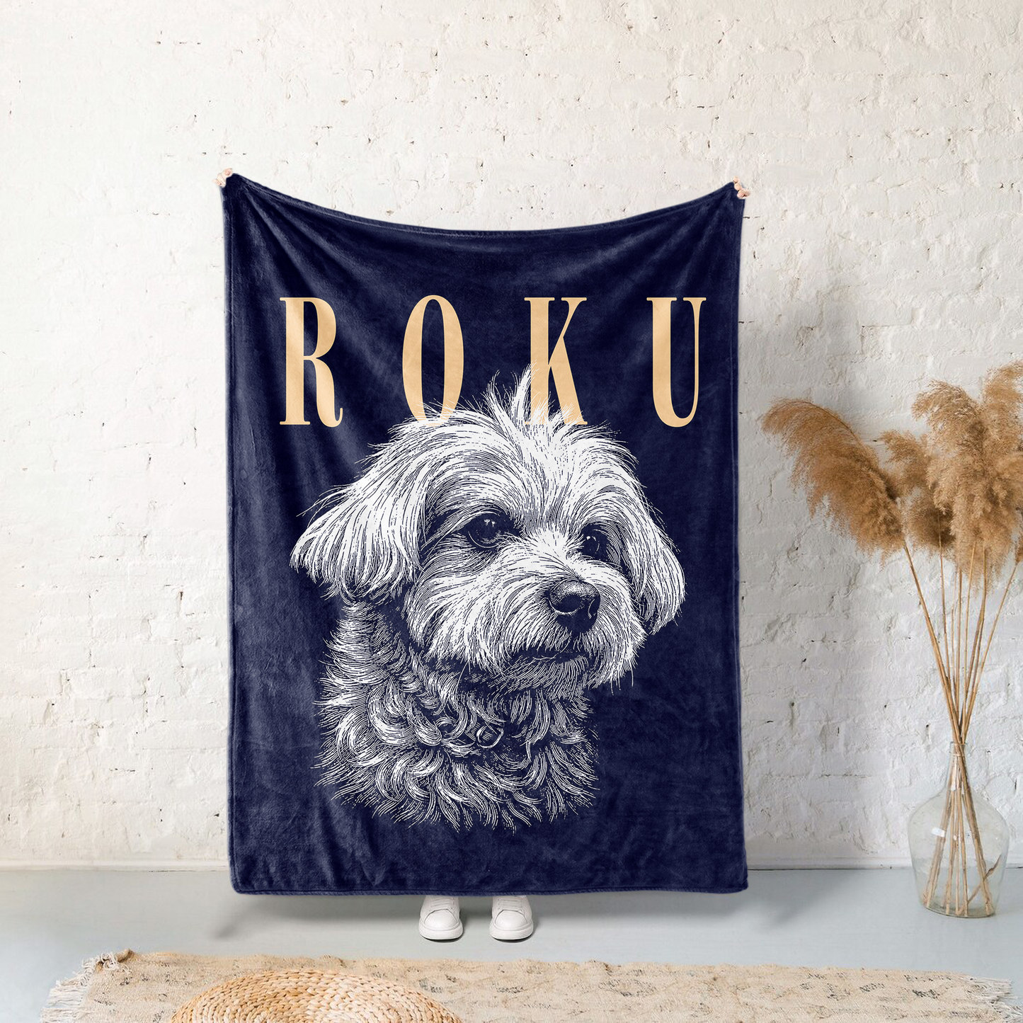 レトロモノクロ愛犬ブランケット｜ペット写真＆お名前カスタム毛布