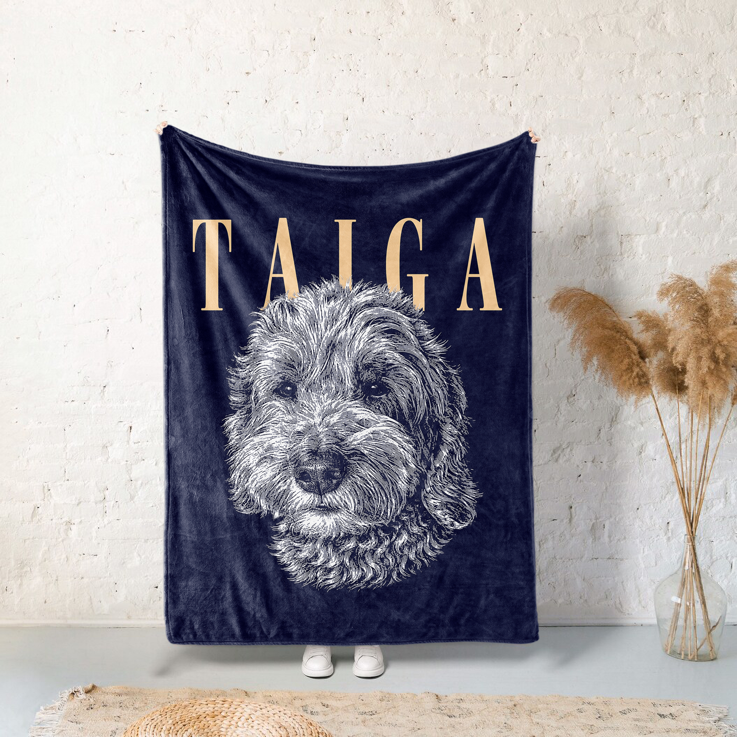 レトロモノクロ愛犬ブランケット｜ペット写真＆お名前カスタム毛布