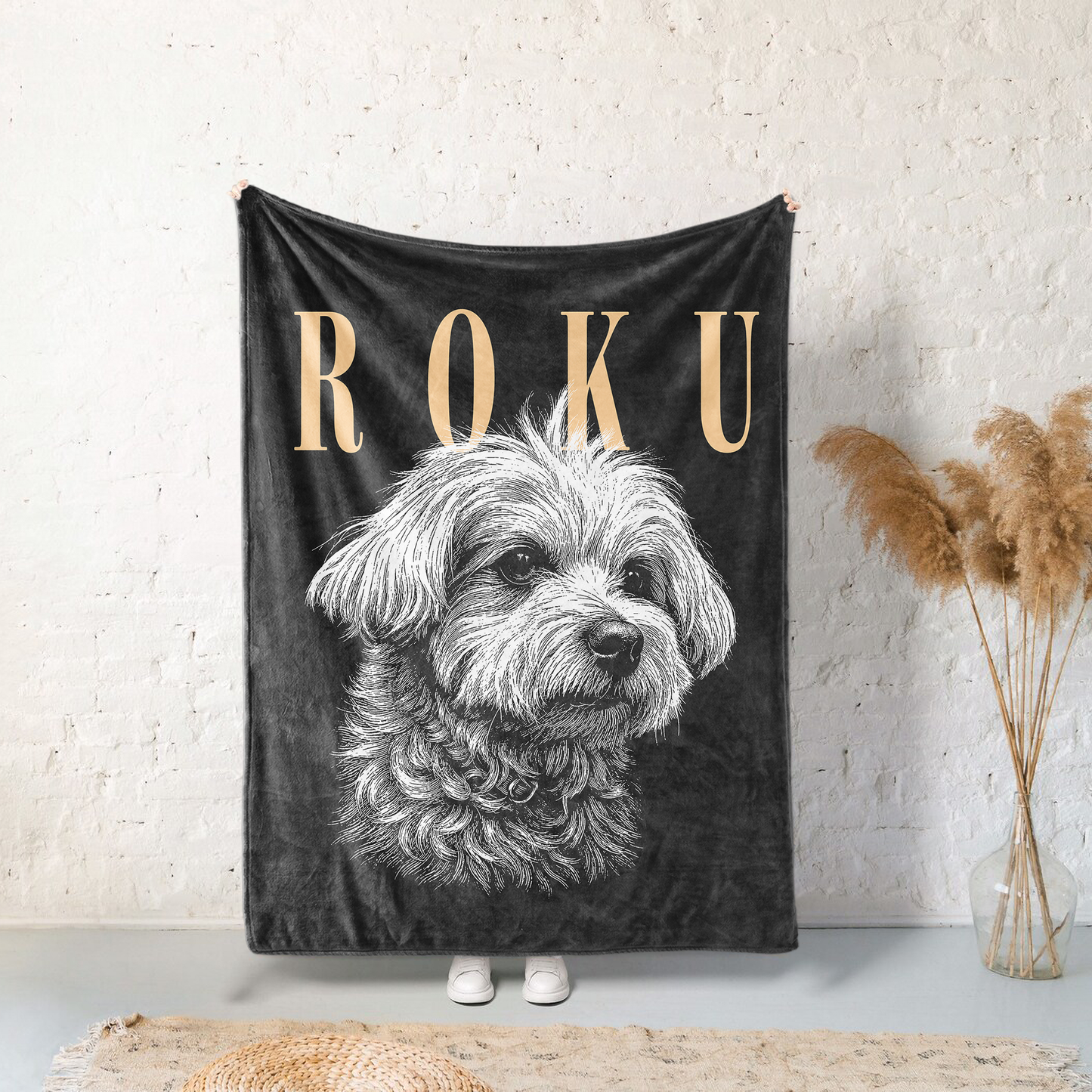 レトロモノクロ愛犬ブランケット｜ペット写真＆お名前カスタム毛布