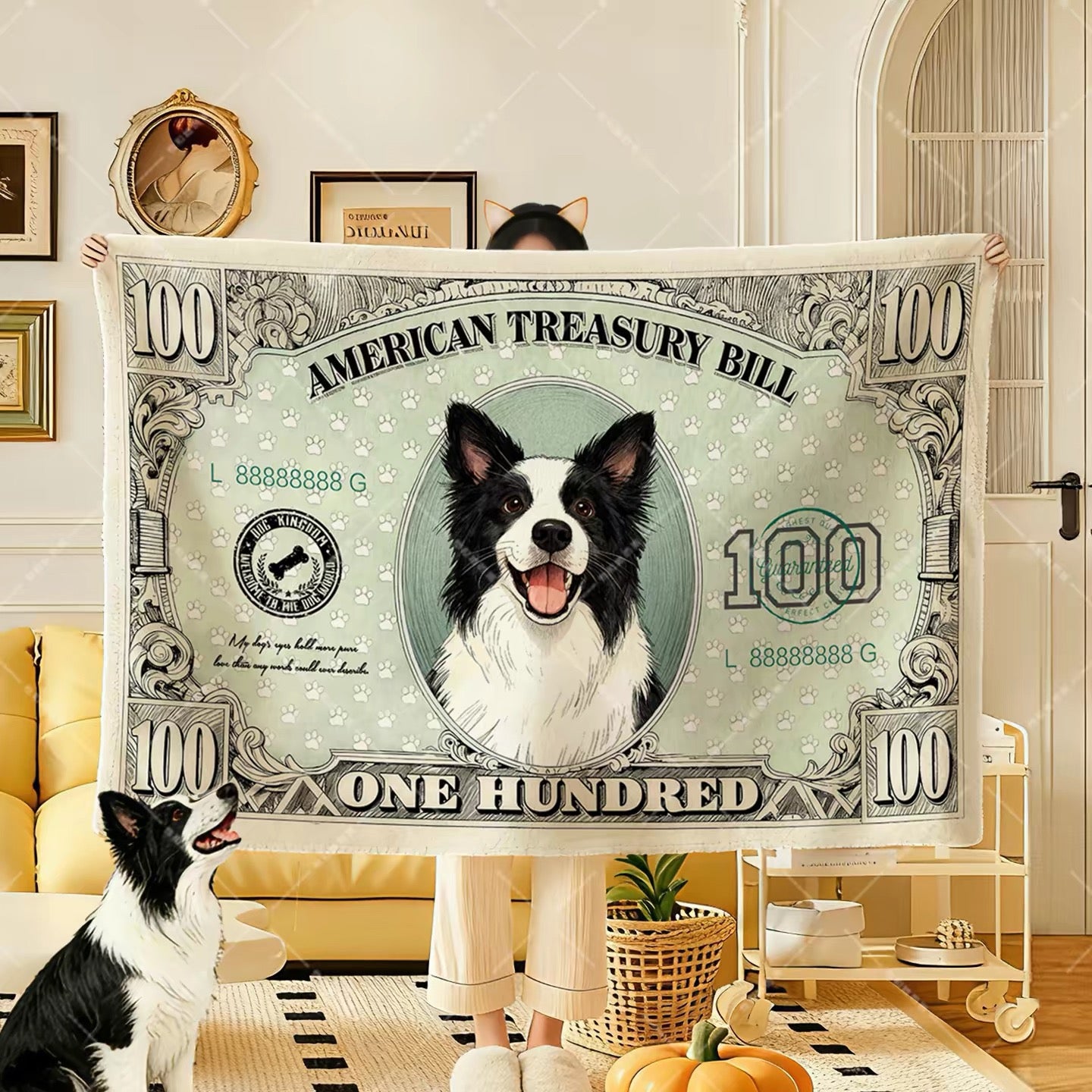 Dollar似顔絵 愛犬ブランケット｜ペット写真カスタム毛布